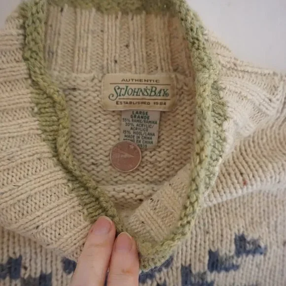 Vintage St Johns Bay Green Cream Fair Isle Snowflake Nordics Wool Knit Sweater L - Picture 10 of 10